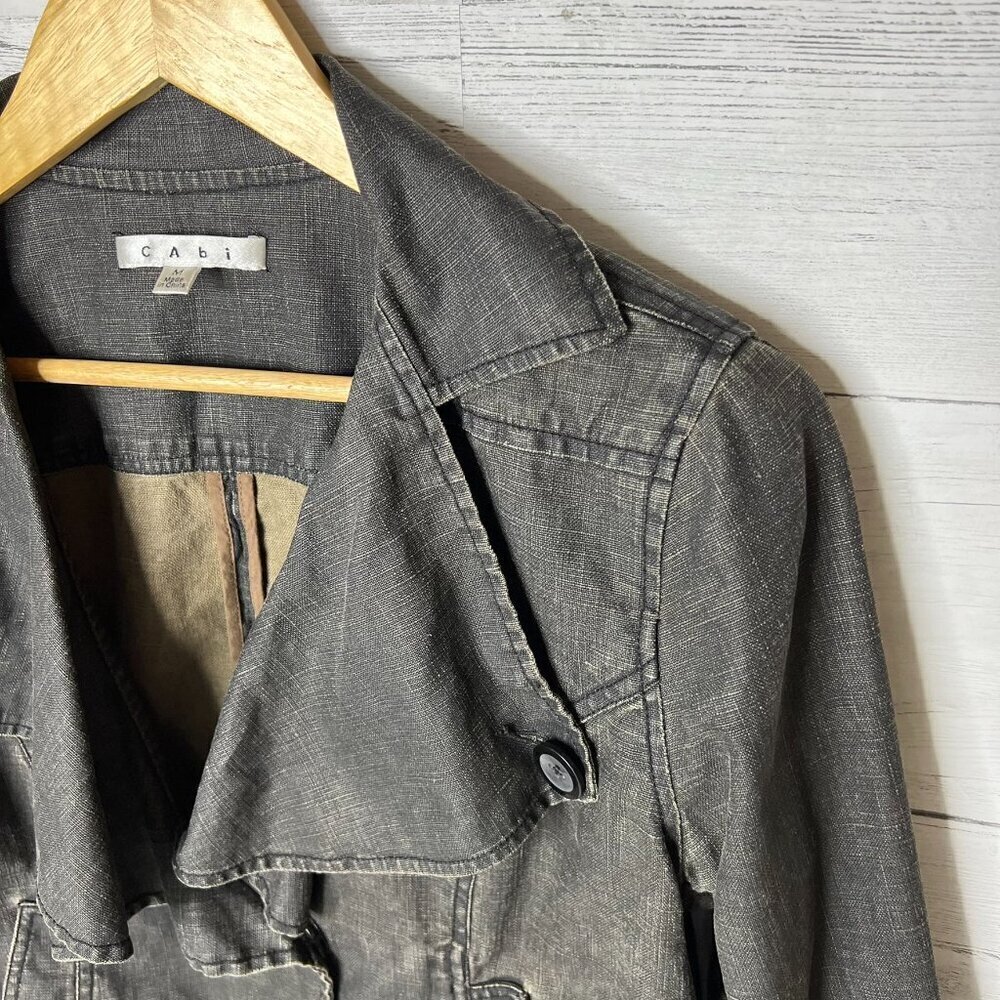 Cabi Jacket Womens Size Medium Black Faded Waxed 100% Linen Cropped Ruffle - Picture 12 of 16